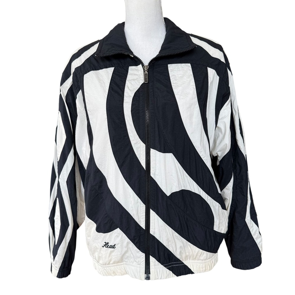 Head Sportswear Vintage Windbreaker Jacket Black White Abstract Swirl Womens M